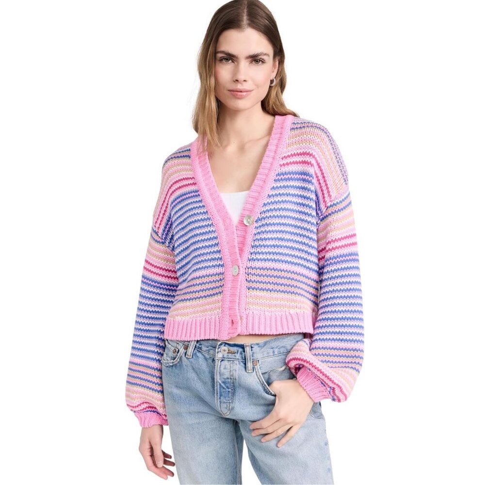 Show Me Your Mumu Pink Multi Stripe Cropped Relaxed Fit Button Up Cardigan 90s - Picture 15 of 16